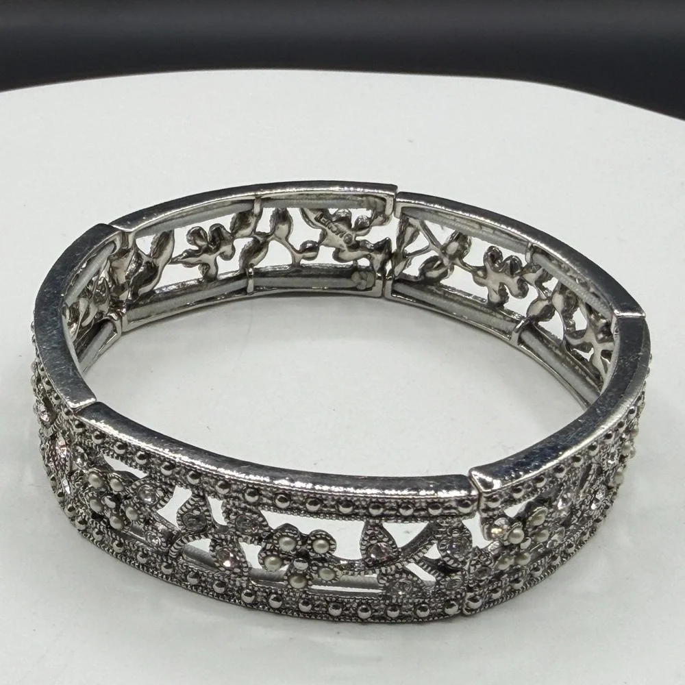 Silver Tone Floral Rhinestone Faux Pearl Filigree Wide Stretch Cuff Bracelet